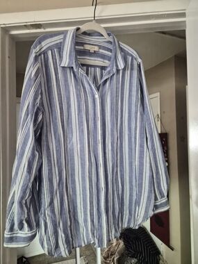 LOFT Blue and White Vertical Stripe Button-Down Blouse